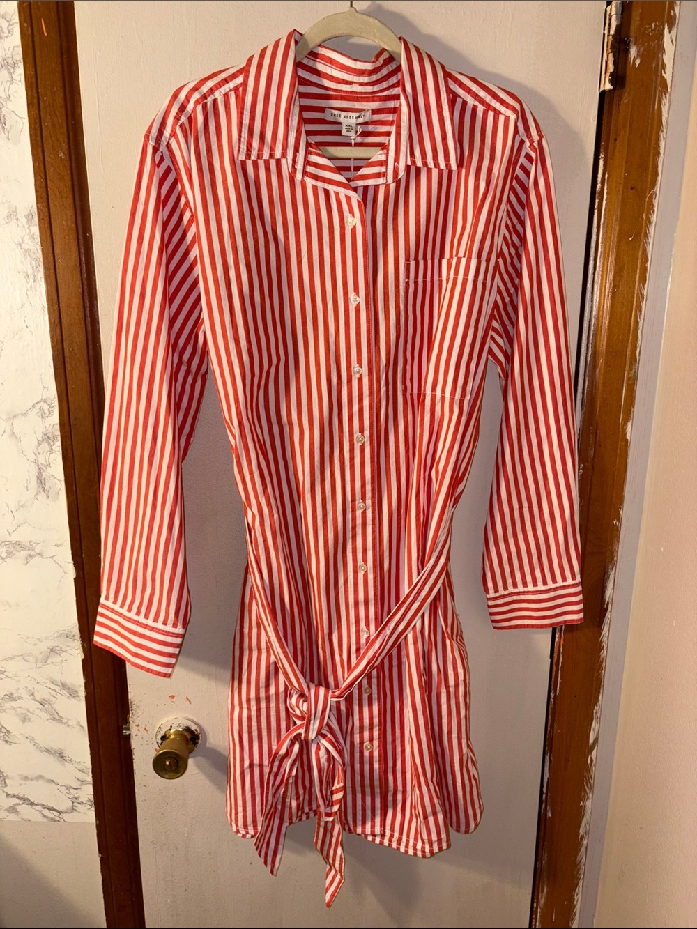 Free Assembly Striped Red & White Tie-Waist Shirt Dress w/ pockets